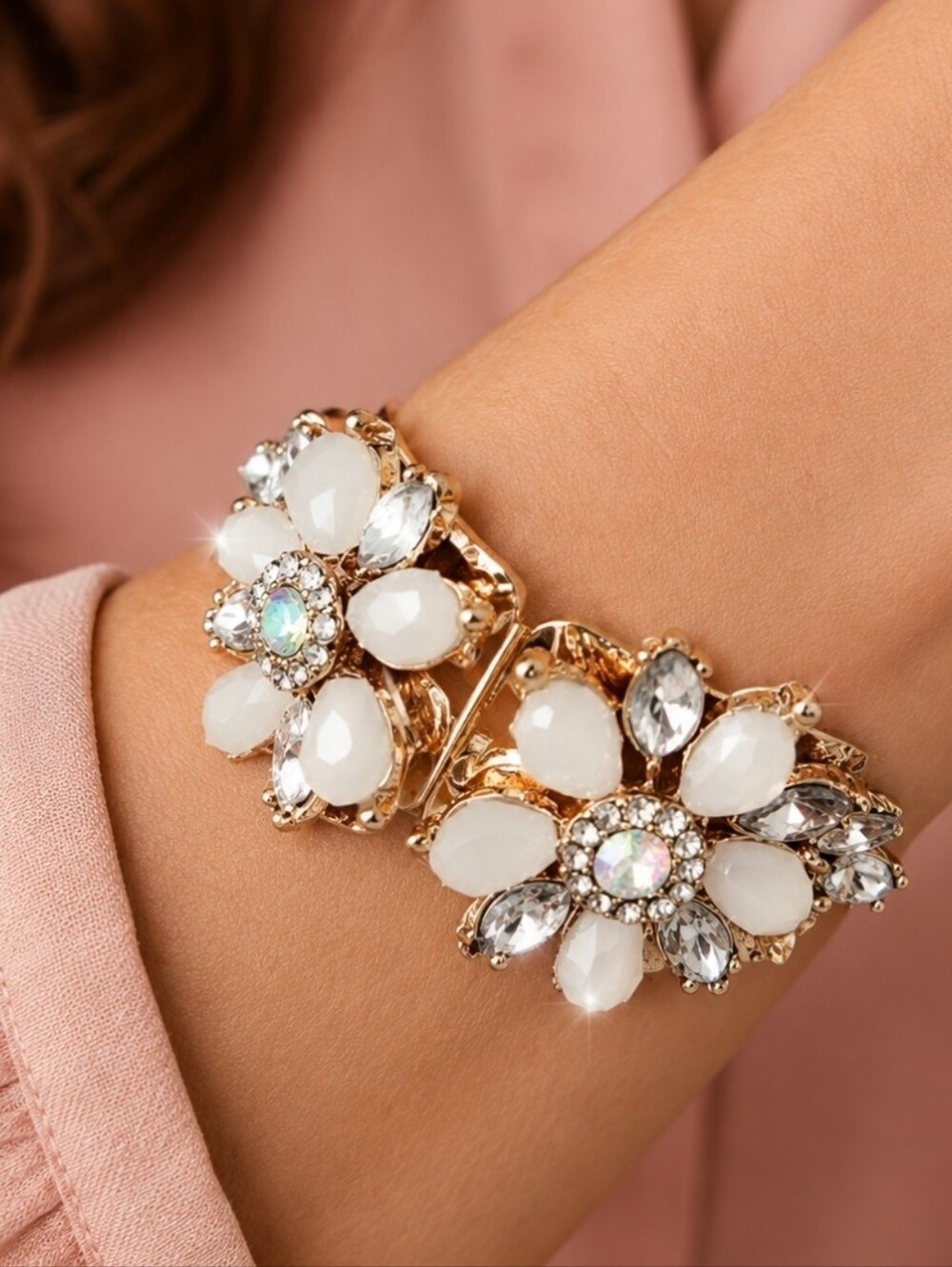 INC Brand Shiny Gold Tone Clamper Bracelet Milky Pink Clear Marquis Stones NWT